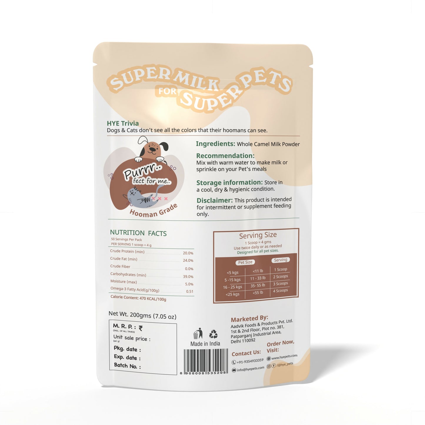 Hye Pets Full Fat Camel Milk Powder For Dogs And Cats - Distacart