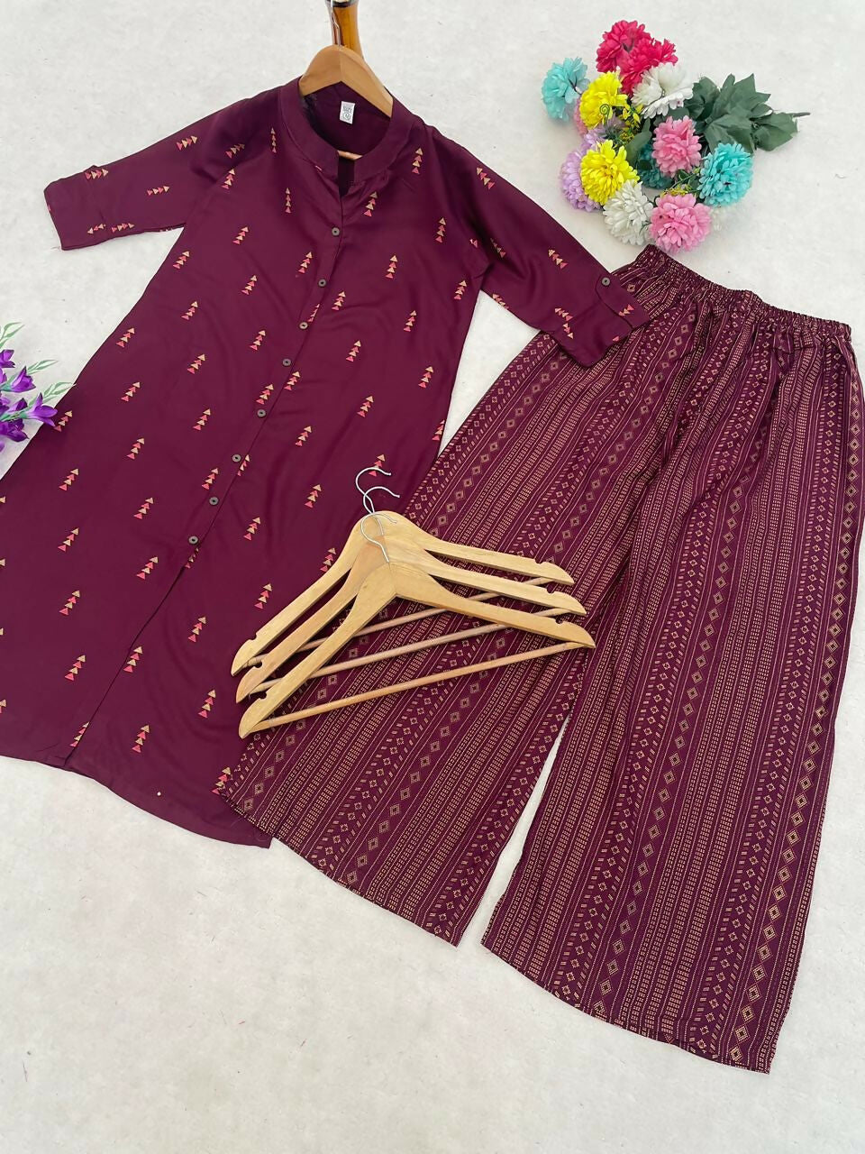 Teeya Creation Sophisticated Wine Colored Straight Kurta With Printed Palazzo Set - Dista