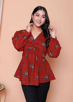 Thumbnail for Miravan Womens Brown Animal Printed Balloon Sleeves V Neck Butterfly Top - Distacart