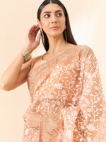 Thumbnail for Peach Organza Floral Embroidered Saree with Unstitched Blouse Piece - Roozal - Distacart