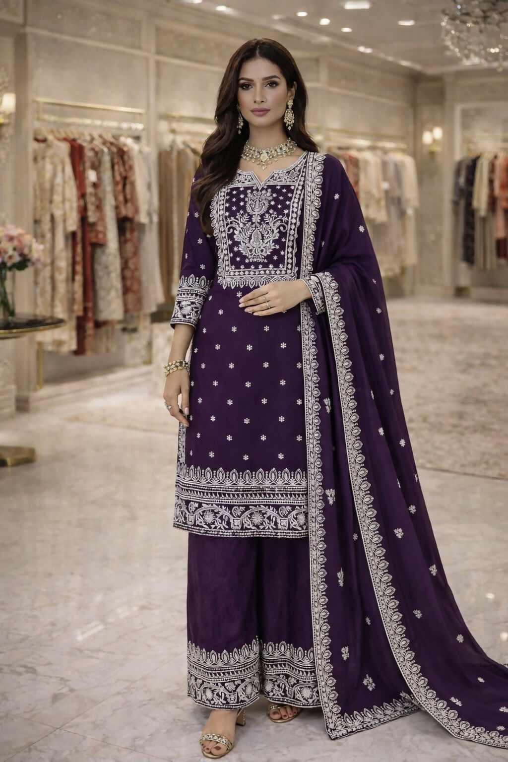 Teeya Creation Purple Fendi Silk Designer Heavy Work Wedding Wear Palazzo - Distacart