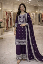 Thumbnail for Teeya Creation Purple Fendi Silk Designer Heavy Work Wedding Wear Palazzo - Distacart