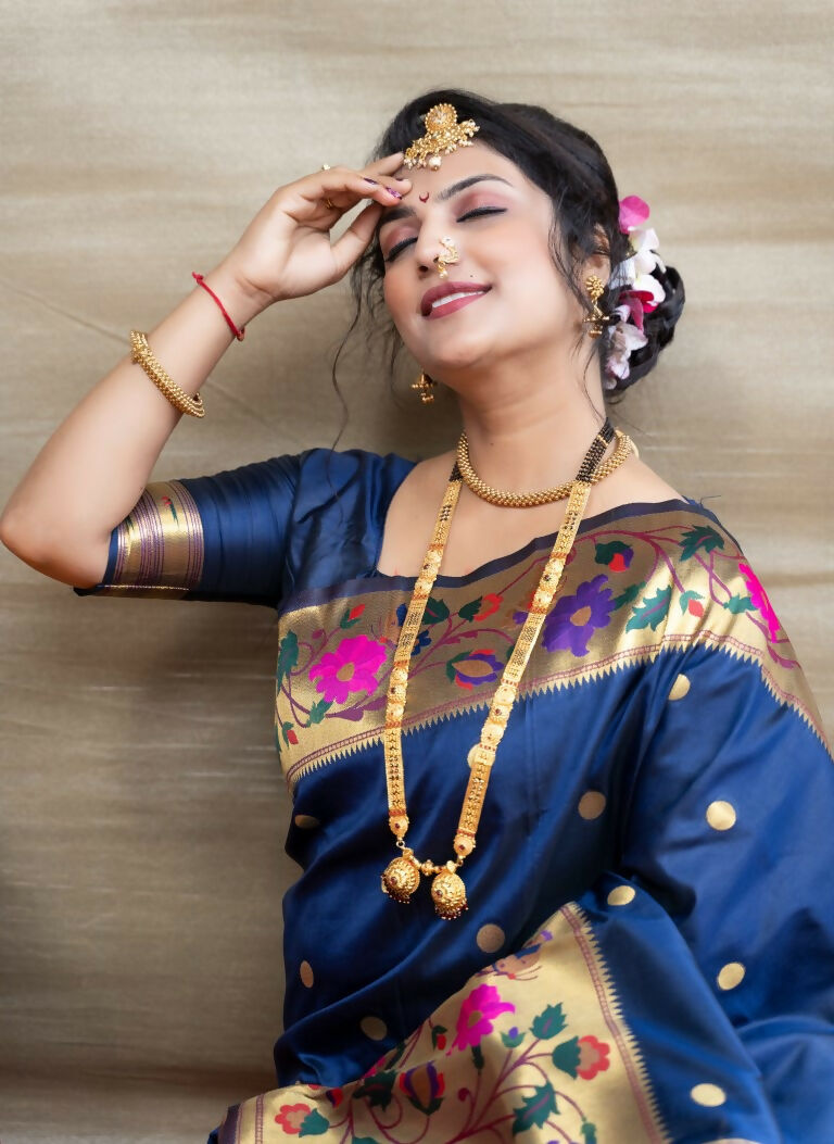 Jyoti Fashion Women's Navy Blue Paithani Silk Zari Woven Saree with Blouse - Distacart