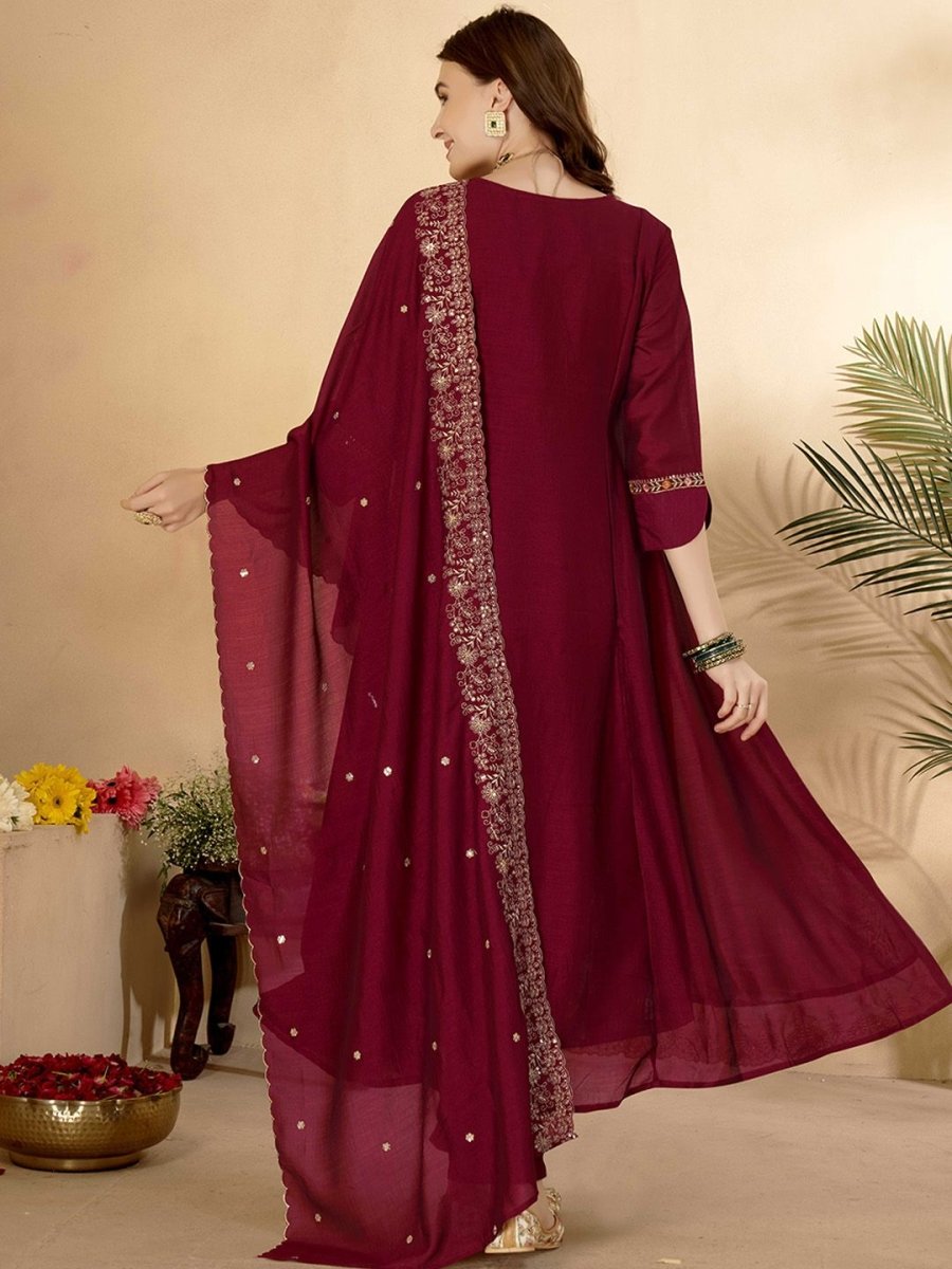 Anouk Maroon Ethnic Motifs Embroidered Sequinned Anarkali Kurta With Trouser & Dupatta