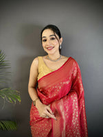 Thumbnail for Joban Fashion Red Floral & Paisley Motifs Soft Satin Silk Banarasi Saree - Distacart