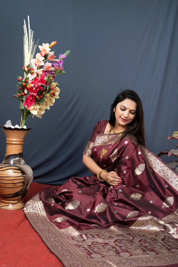 Jyoti Fashion Women's Brown Paithani Silk Zari Woven Saree with Blouse - Distacart