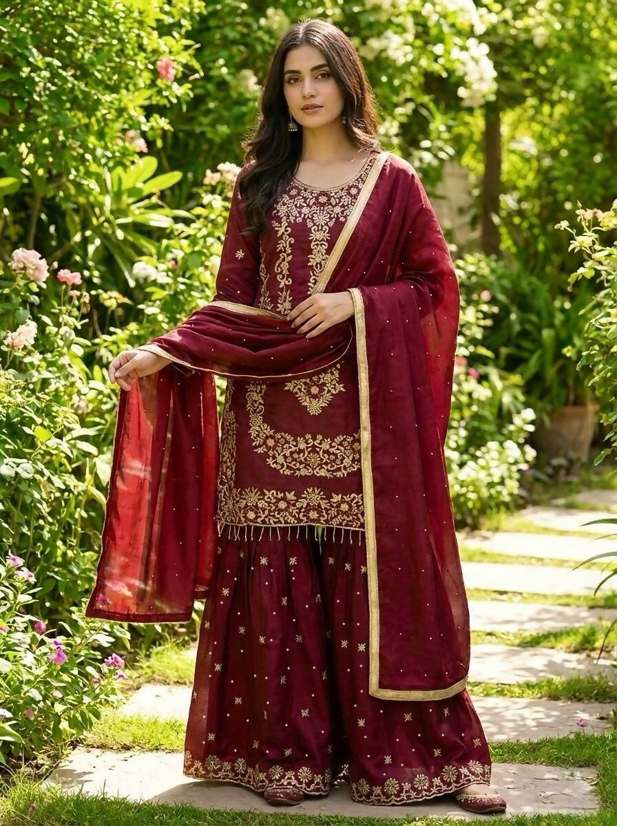 Teeya Creation Maroon Gimmy Silk Designer Embroidery Work Wedding Wear Palazzo Pair - Distacart