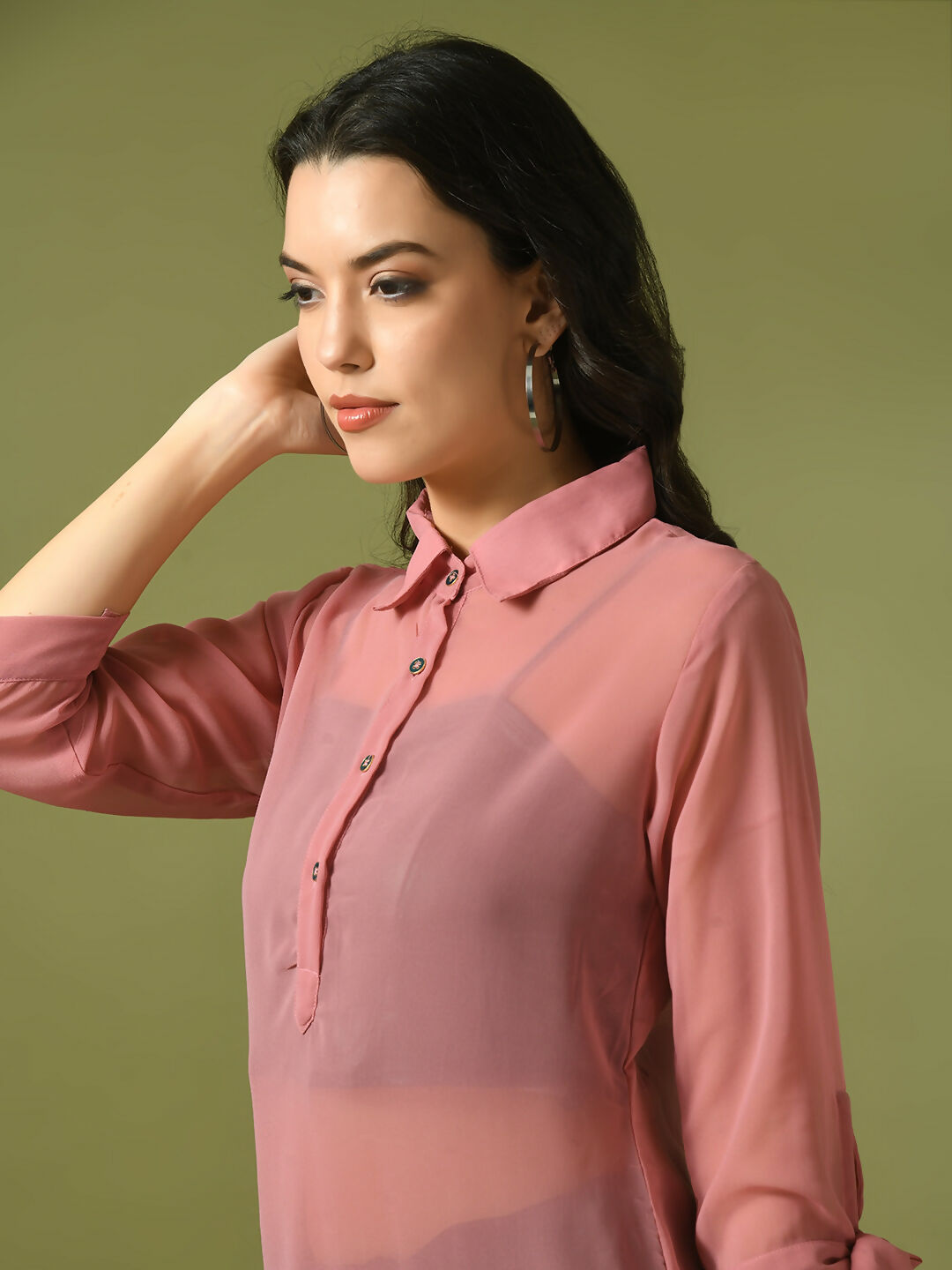 Myshka Women's Pink Solid Georgette Longline Party Sheer Tunic - Distacart