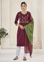 Thumbnail for Jyoti Fashion Women's Wine Pure Viscose Weaving Stripe with Embroidery Kurta Set - Distacart