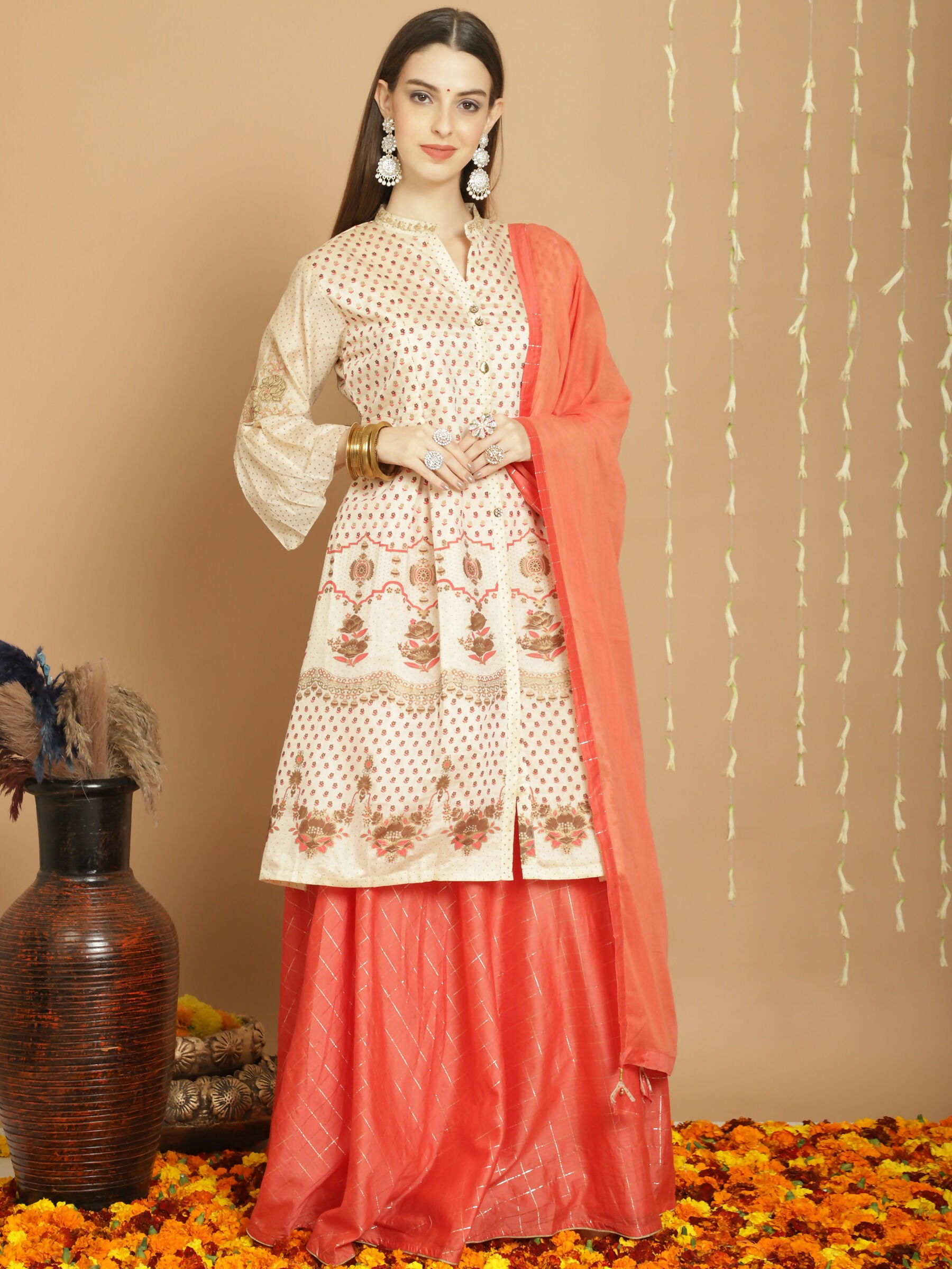 Jyoti Fashion Women's Cream Chanderi Silk Elegant Jardoshi Semi Kurta with Trouser & Dupatta - Distacart