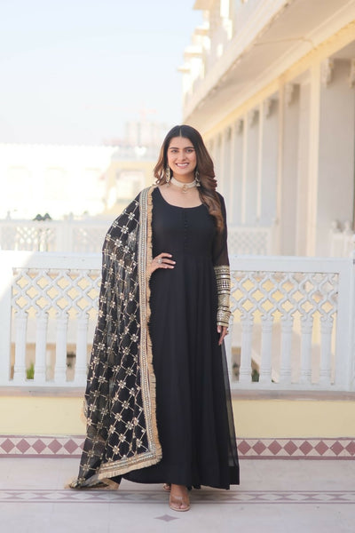 Jyoti Fashion Women's Black Faux Blooming Sequins Zari Embroidered Anarkali Dress with Dupatta - Distacart