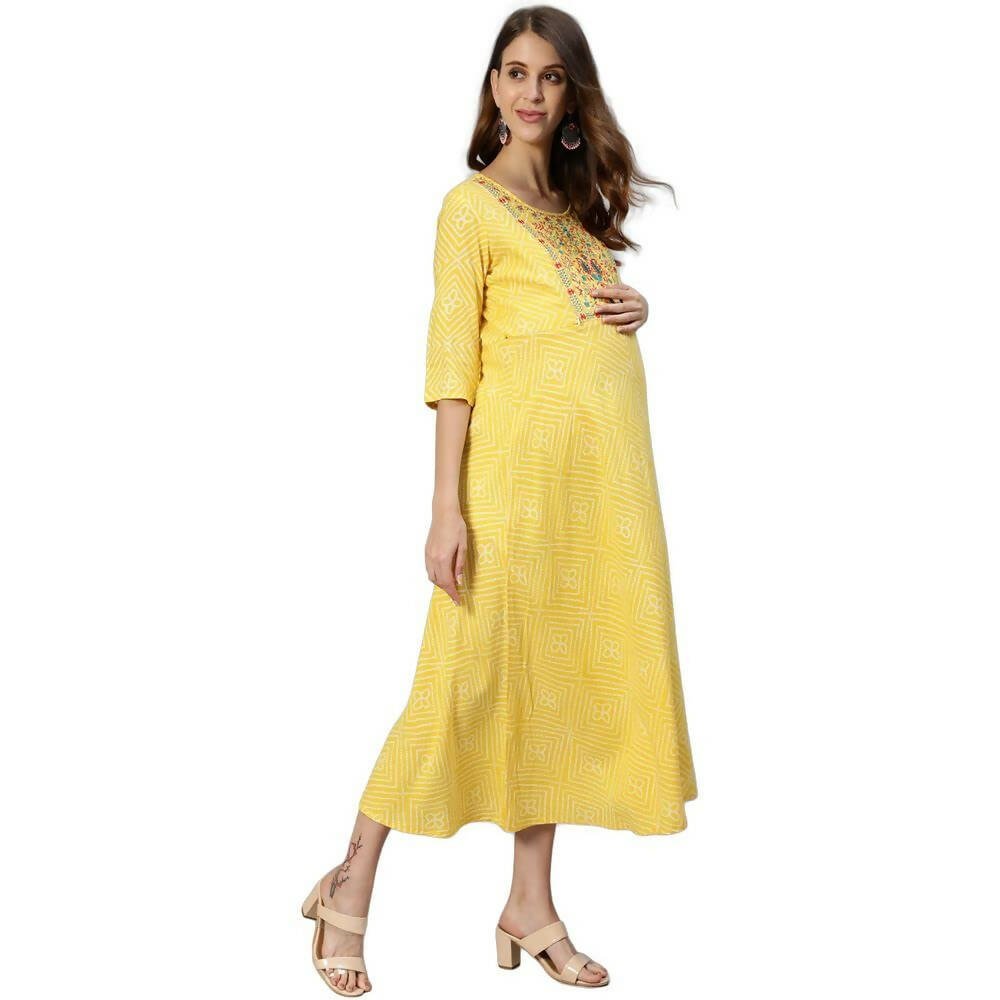 Anubhutee Women's Cotton Knee-Length Ethnic Motifs Maternity A-Line Midi Yellow Dress - Distacart