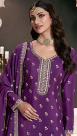 Thumbnail for Anaita Purple Chinon Embroidered Thread Work Stitched Salwar Suit - Distacart