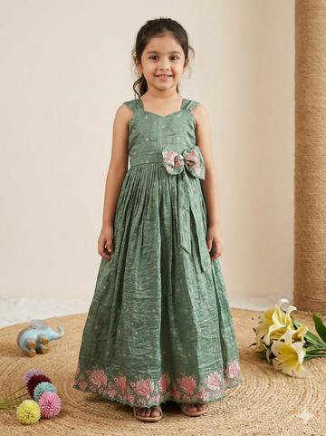 Teeya Creation New Kids Girls Premium Lavender Crinkled Silk Ethnic Gown with Floral Border and Waist Bow Accent - Dista