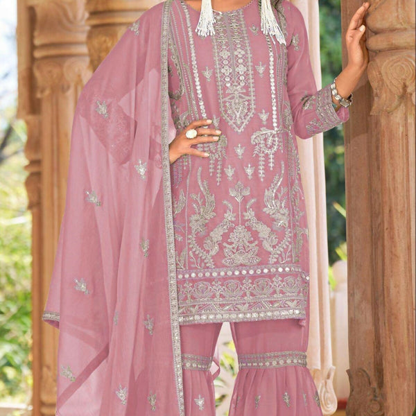 Anaita Pink Nylon Organza Suit With Embroidery & Mirror Work - Distacart