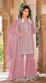 Thumbnail for Anaita Pink Nylon Organza Suit With Embroidery & Mirror Work - Distacart