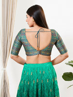 Thumbnail for Joban Fashion Peacock Blue Brocade Padded Blouse With V Neck Elbow Sleeves - Distacart