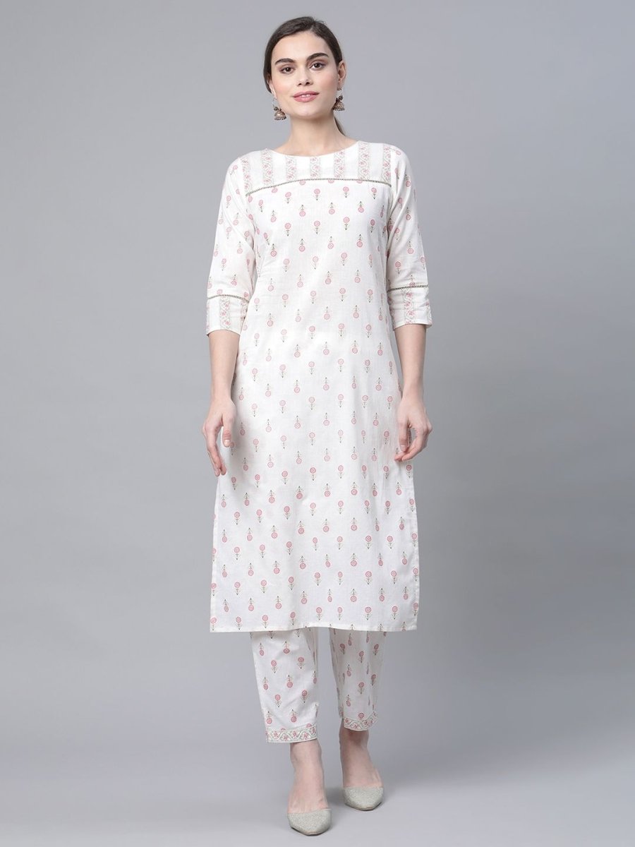 Ahalyaa Women White Pure Cotton Printed Kurta Pant Set