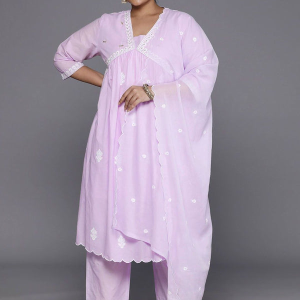 Sztori Plus Size Floral Embroidered Pure Cotton Anarkali Kurta & Trousers With Dupatta - Distacart