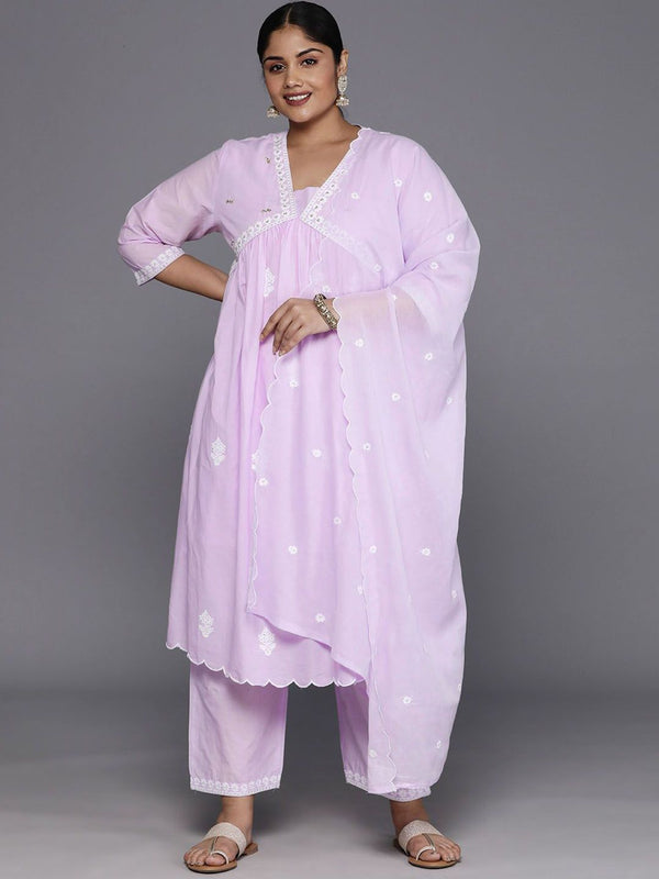 Sztori Plus Size Floral Embroidered Pure Cotton Anarkali Kurta & Trousers With Dupatta - Distacart