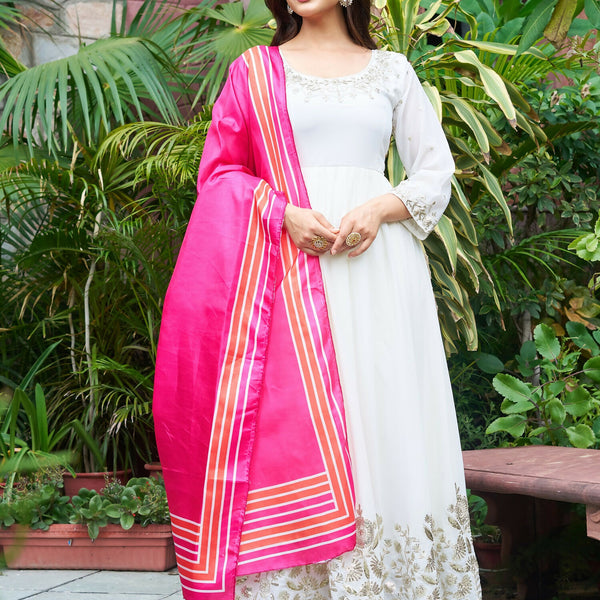 Teeya Creation Off White Color Faux Georgette Embroidery Work Long Gown