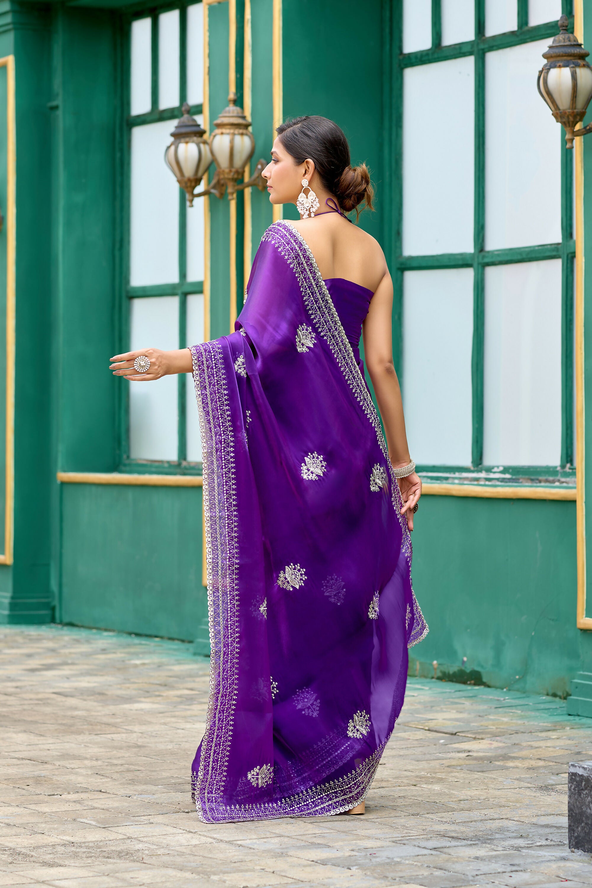 Vastranavya Purple-Blue Embroidery Work Shimmer Chiffon Saree with Unstitched Blouse