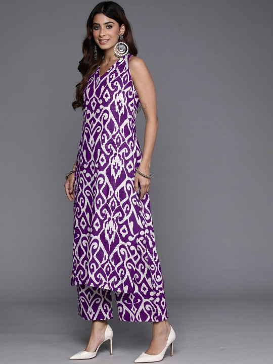 Varanga Women Purple Ikat Printed Straight Kurta With Palazzo - Distacart