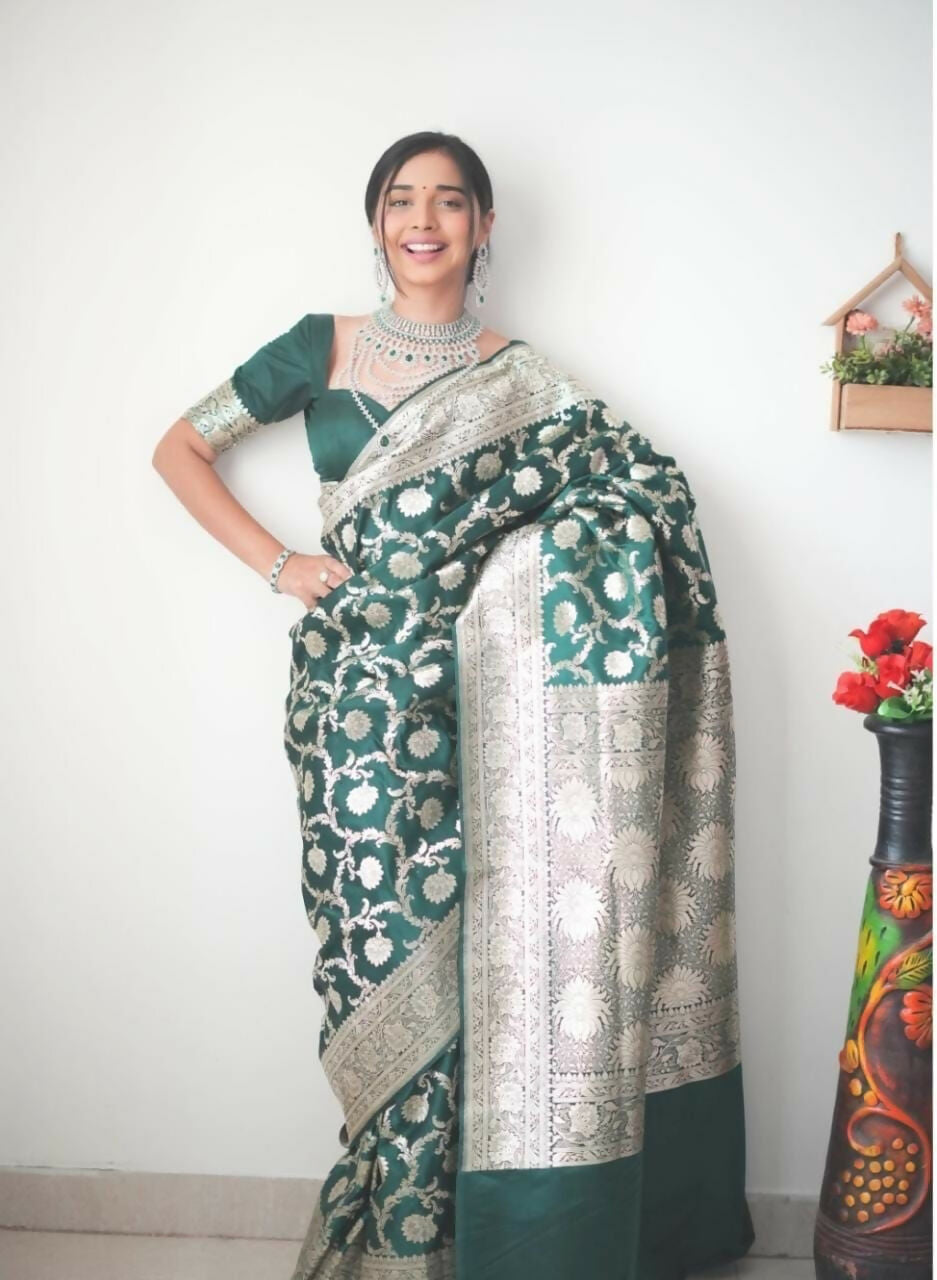 Malishka Banarasi Silk Jacquard Ready To Wear Saree With Blouse Piece - Dark Green - Distacart