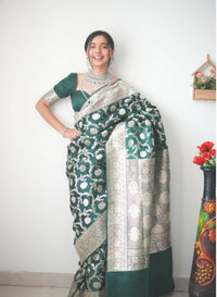 Thumbnail for Malishka Banarasi Silk Jacquard Ready To Wear Saree With Blouse Piece - Dark Green - Distacart