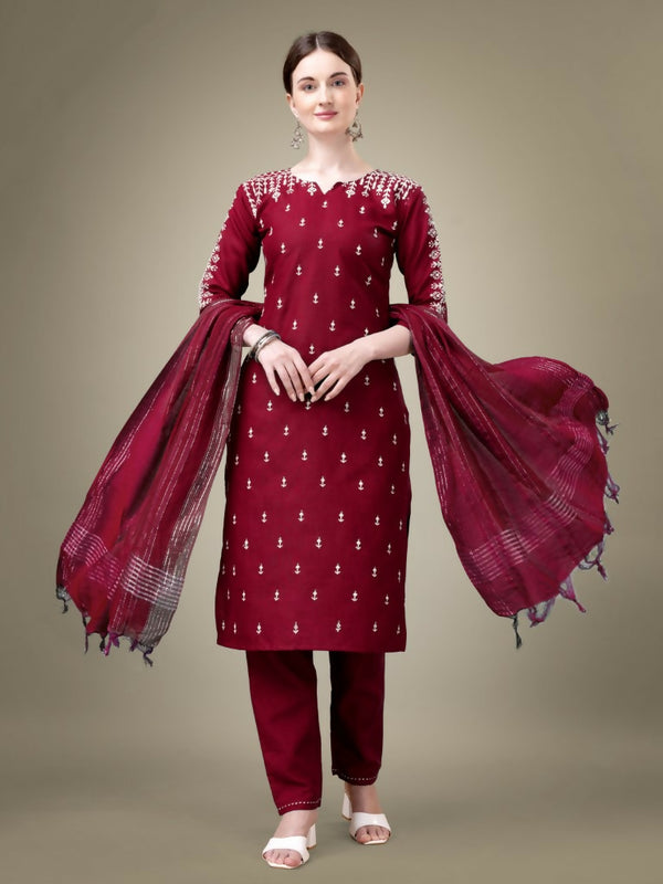 Jyoti Fashion Women's Maroon Cotton Blend Embroidery & Sequence work Kurta with Trouser & Dupatta - Distacart