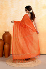 Thumbnail for Piyari Fashion Women's Orange Embellished Cotton Blend Zari Check Handloom Saree - Distacart