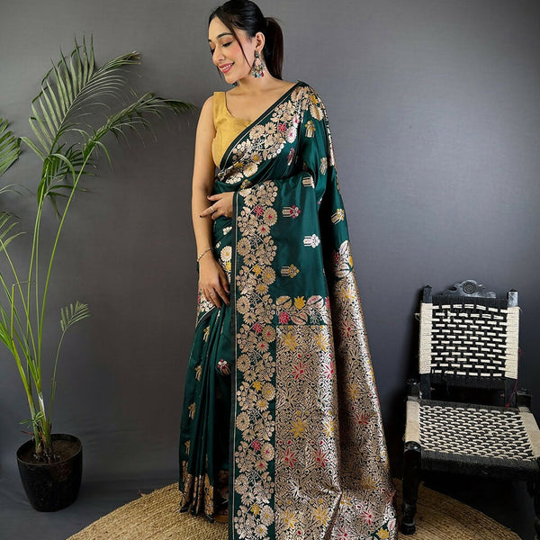 Joban Fashion Meenakari Dark Green Woven Soft Silk Saree - Distacart