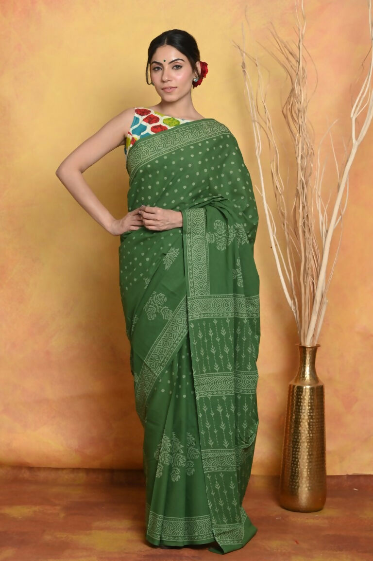 Very Much Indian Handblock Printed Cotton Saree With Natural Dyes - Green - Distacart