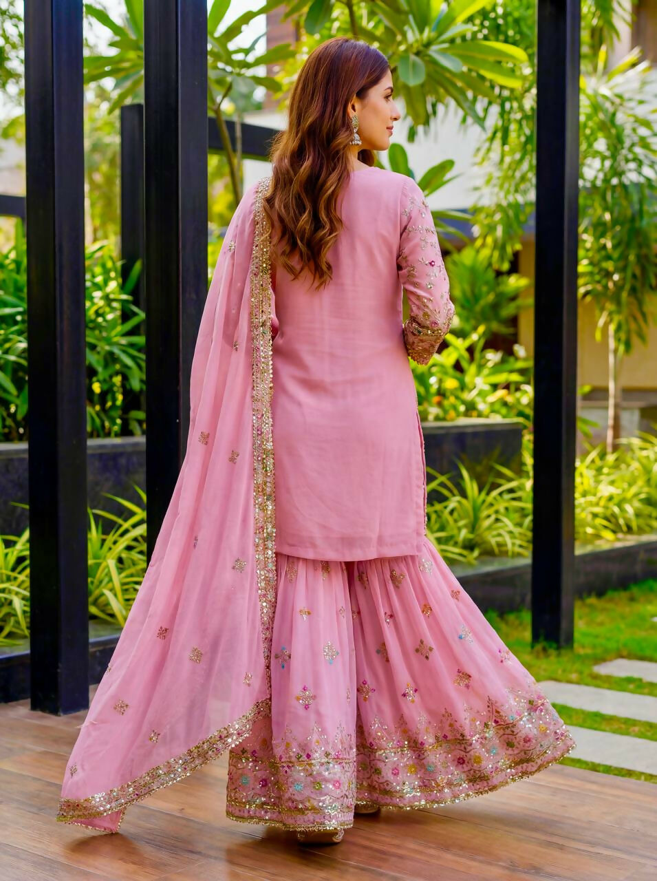 Teeya Creation Pink Faux Georgette Multi Thread Work Wedding Wear Sharara Set - Distacart