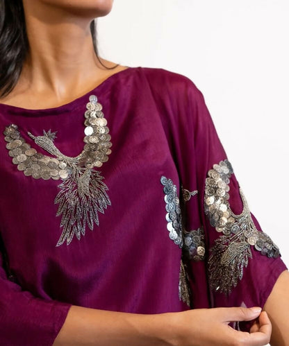 Timaraa Plum Hand Embellished Bird Kaftan Dress - Dista