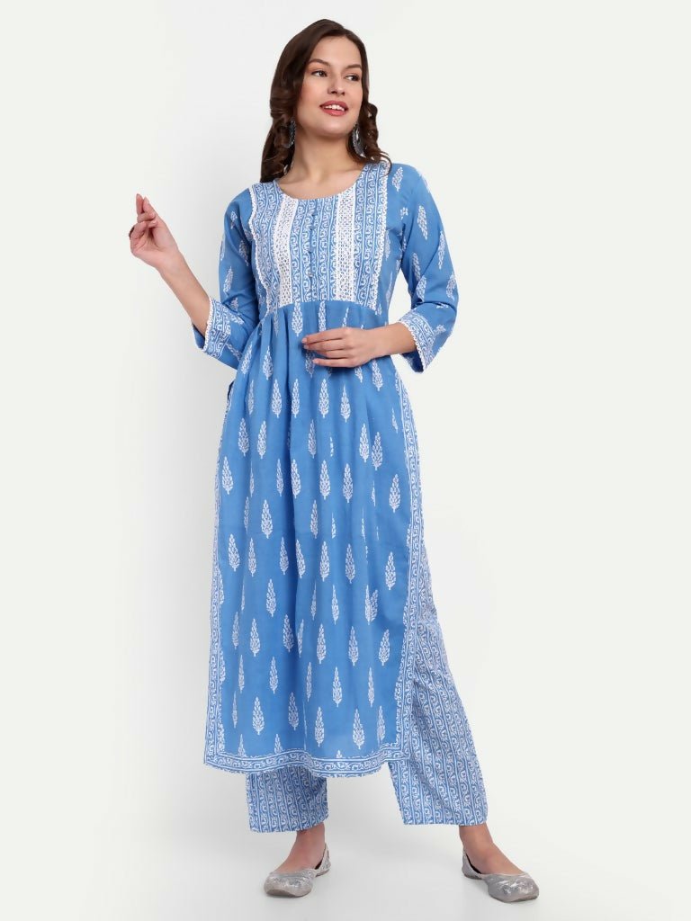 Alvano Printed Naira Cut Kurti with Pant set for Women and Girls Cotton (Blue) - Distacart