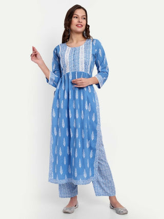 Alvano Printed Naira Cut Kurti with Pant set for Women and Girls Cotton (Blue) - Distacart