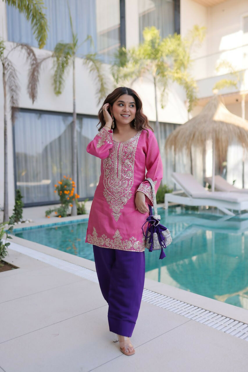 Teeya Creation Womens Wear Purple,Pink Color Viscose Fabric With Sequins & Coding Zari Embroidered Work Kurta Pant Set - Dista