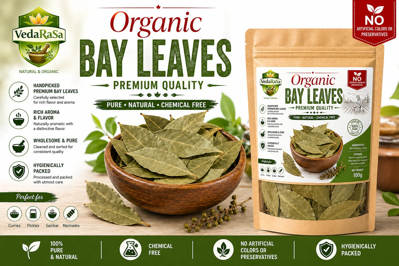 VedaRasa Organic Bay Leaves Premium Quality - Dista