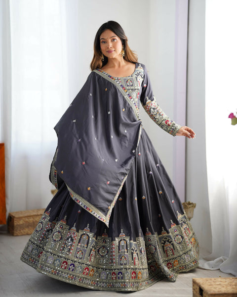 Joban Fashion Dark Grey Lehenga Crepe silk Coding Dori with Sequence with Rivet Moti
