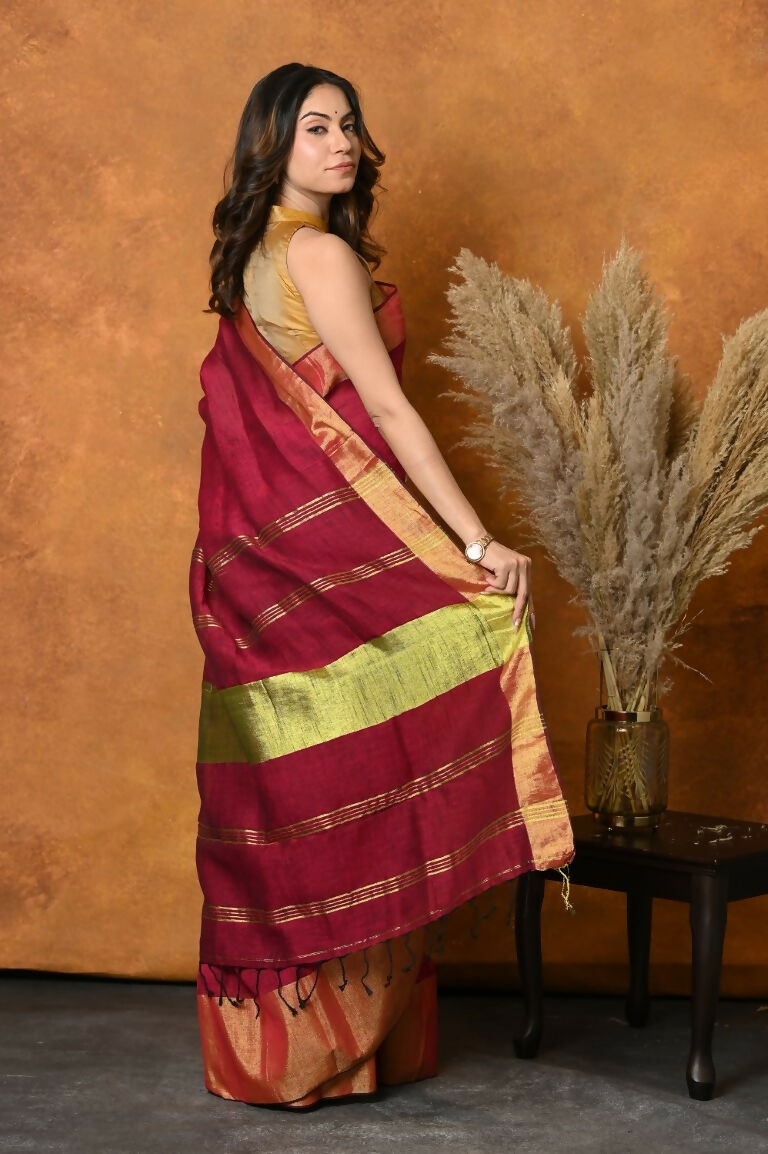 Very Much Indian Handloom Pure Cotton Linen Saree With Golden Border - Maroon - Distacart