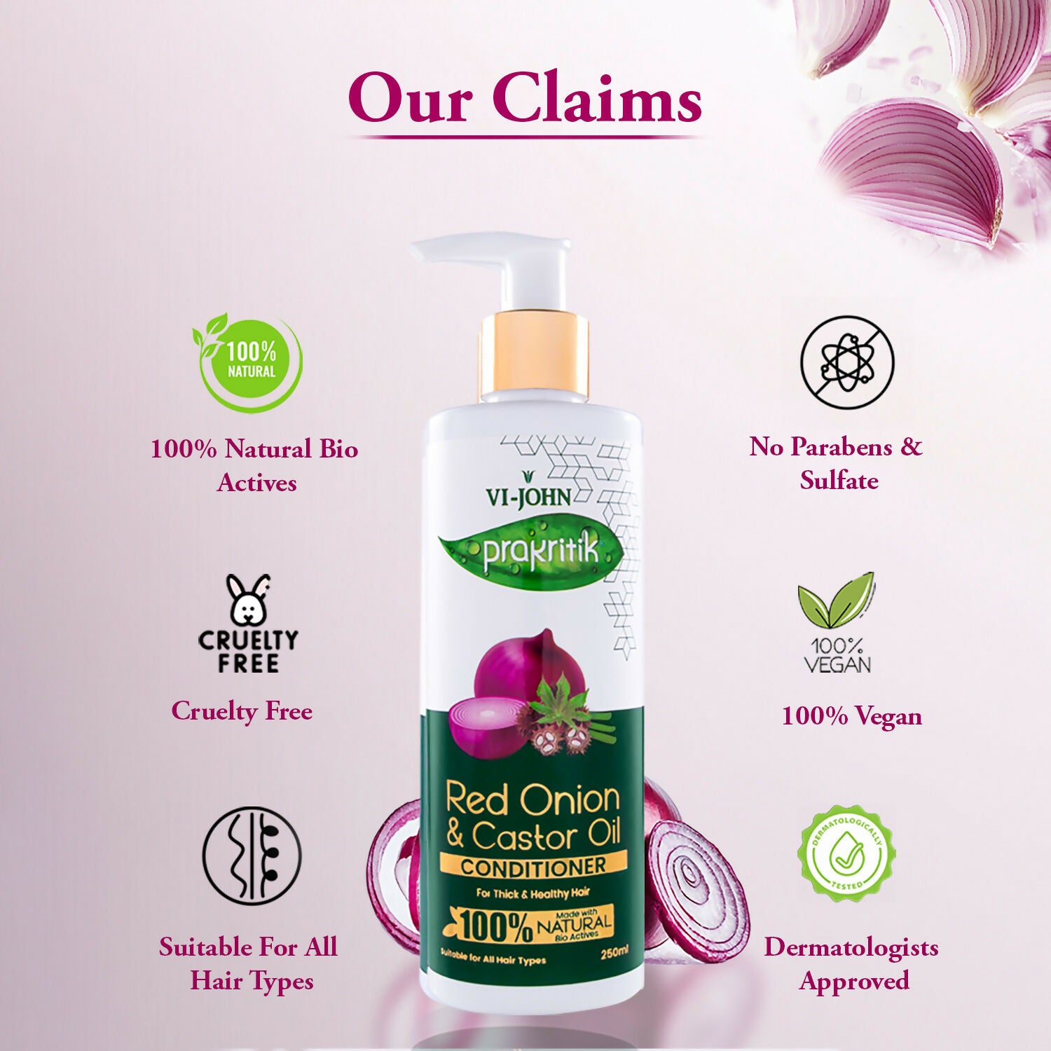 VI-JOHN Prakritik Red Onion & Castor Oil Conditioner to Prevent Dry Hair, 100% Natural Bio Actives