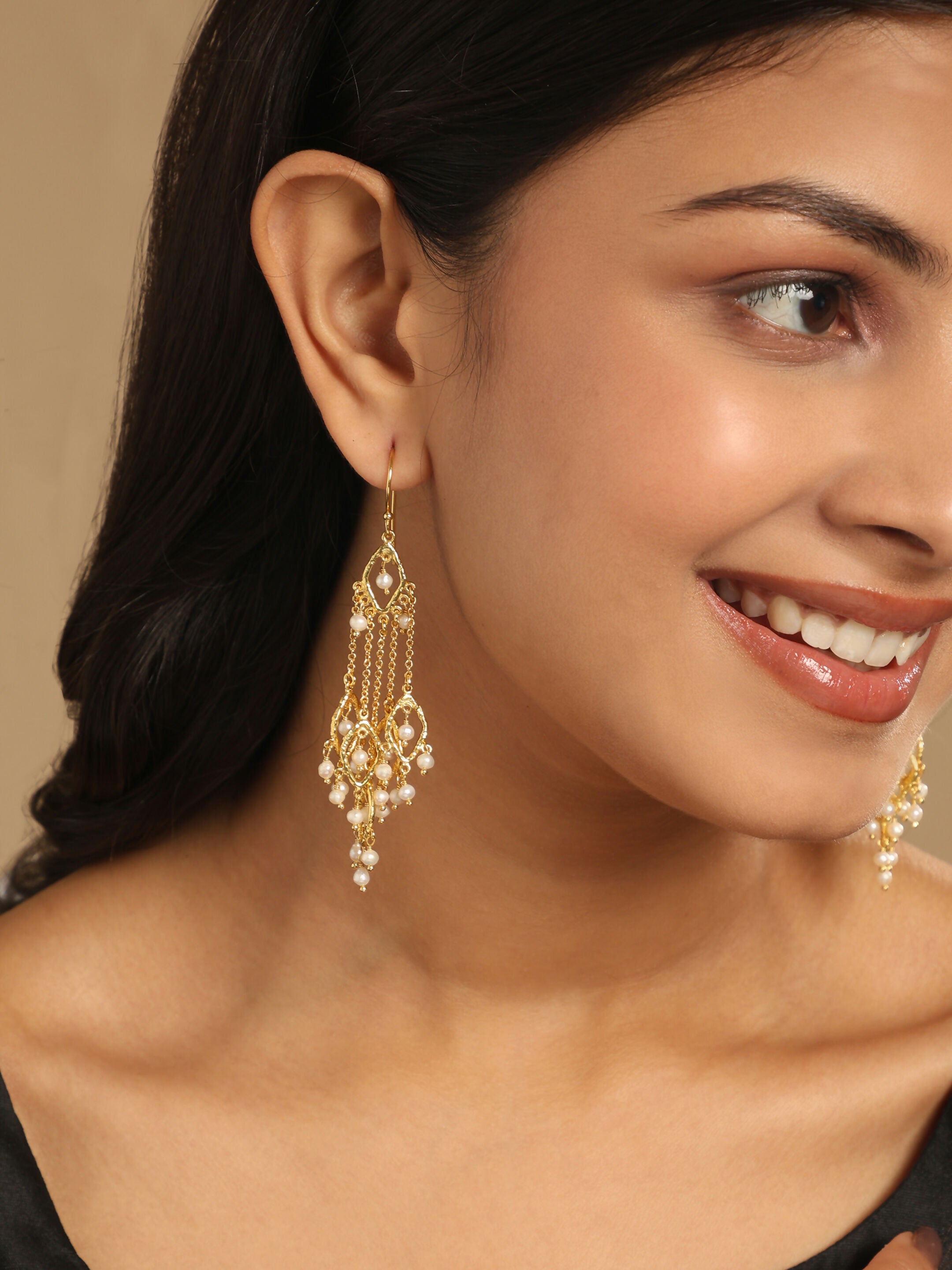 Nuyug 18k String of Pearls Gold Anti Tarnish Earrings