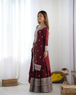 Thumbnail for Joban Fashion Maroon Kurta Set Silk Sequins , Zari, Coding & Thread Embroidered work - Distacart