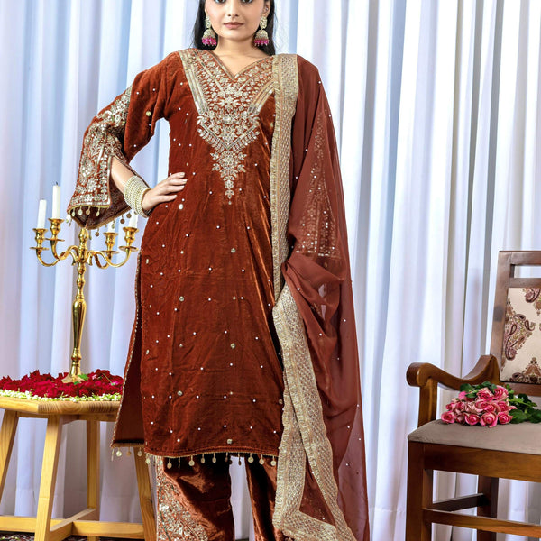Joban Fashion Rust Brown Velvet Embroidery Kurta Set