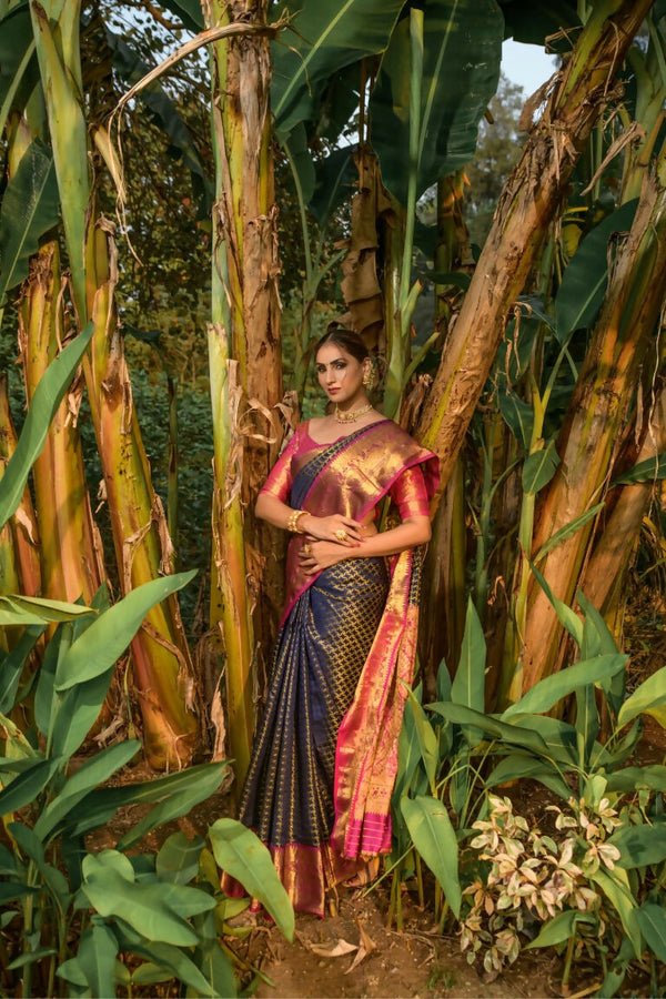 Jyoti Fashion Women's Navy Blue Kanjivaram Silk Zari Woven Saree with Blouse - Distacart