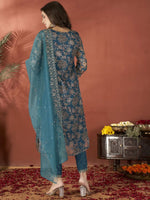 Thumbnail for Anouk Teal Floral Embroidered Sequinned Organza Straight Kurta With Trouser & Dupatta