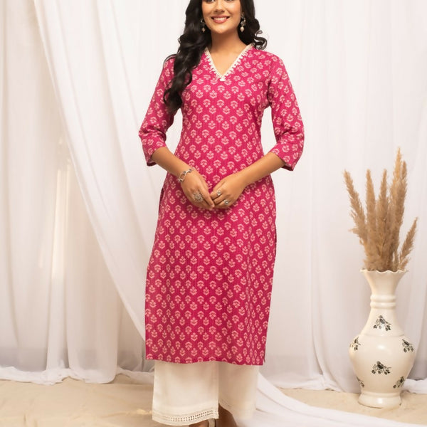 FIORRA Women's Floral Printed Pink Cotton Straight Kurta - Distacart