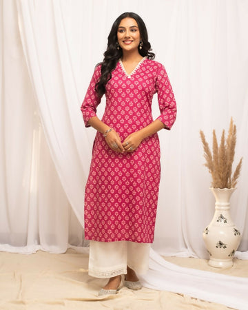 FIORRA Women's Floral Printed Pink Cotton Straight Kurta - Distacart