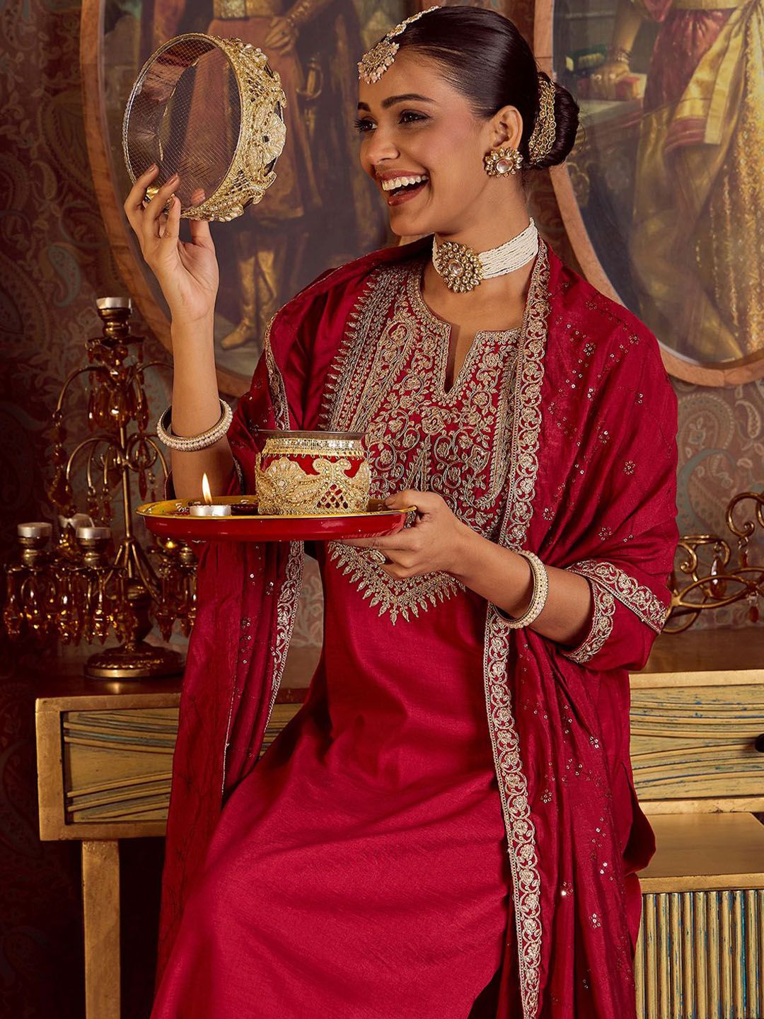 Indo Era Ethnic Floral Embroidered Zari Work Detail Regular Sleeves Round Neck Kurta Set